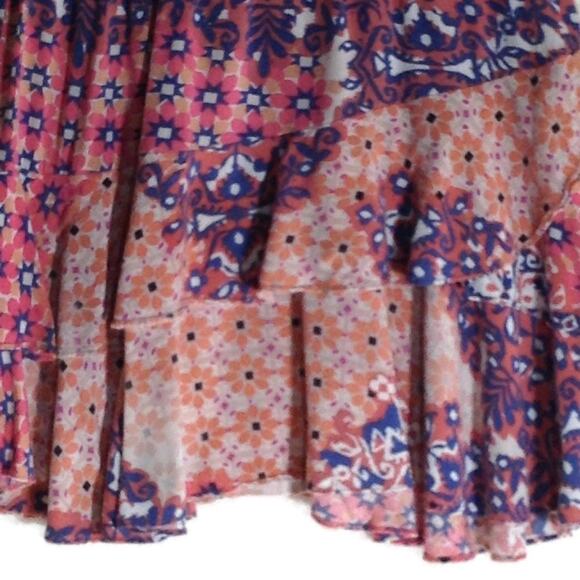 CAbi Isabel Patwork Boho Mini Skirt XS Pink Purple Asymmetrical Tiered Ruffled - Picture 5 of 14